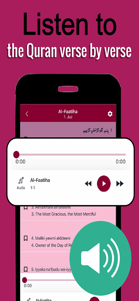 Quran Qat Pro - Muslim - Quran Qat Pro mobile app interface showing verse by verse audio listening and translation