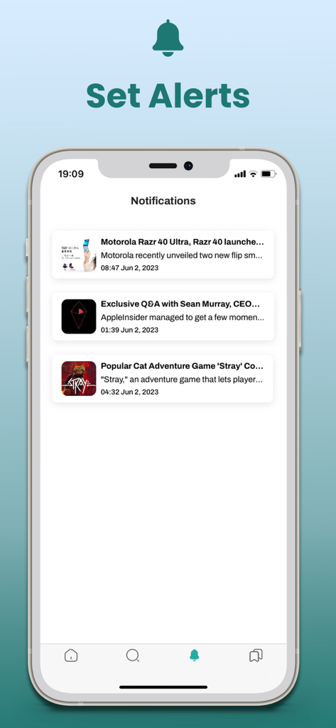 Interface de notificações do aplicativo Techfusion News and Reviews mostrando alertas de notícias sobre tecnologia e jogos