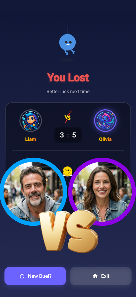 A multiplayer results screen in Word FaceOff showing a 1v1 word game duel score