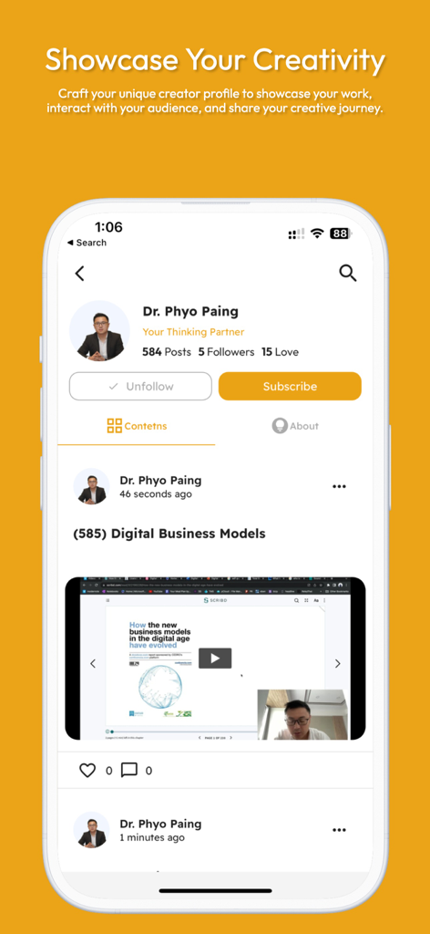 Insidernote - A mobile interface of the Insidernote app showing a creator profile with subscriber options and digital business content