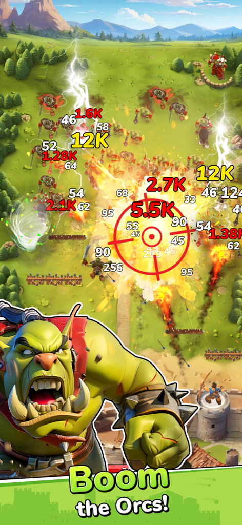 Boom Castle: Tower Defense TD - Jugabilidad de Boom Castle mostrando explosiones mágicas y rayos contra una horda de orcos.