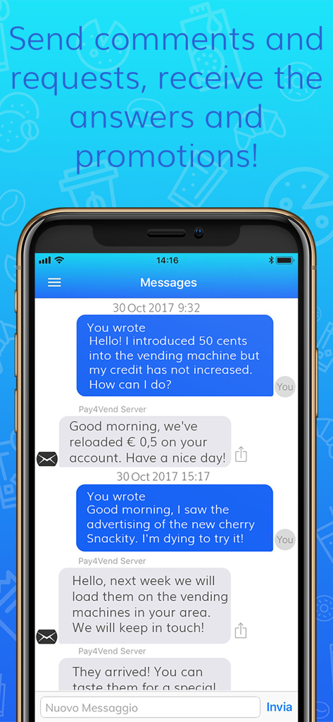 Pay4Vend app chat screen showing customer support messages and promotional updates