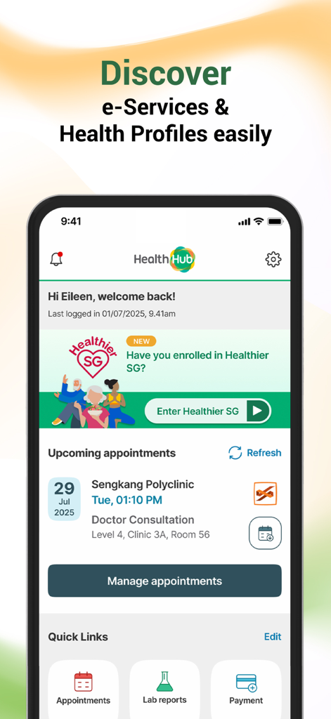 HealthHub SG app dashboard showing upcoming appointments and quick links for healthcare services