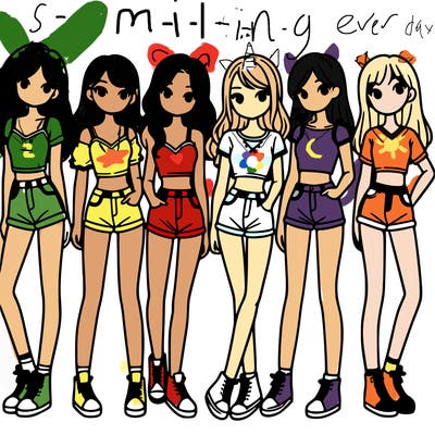 a group of girls wearing crop tops and shorts