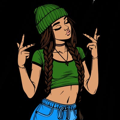 realistic teenage girl with braids and a beanie and crop top doing 🫶🏼