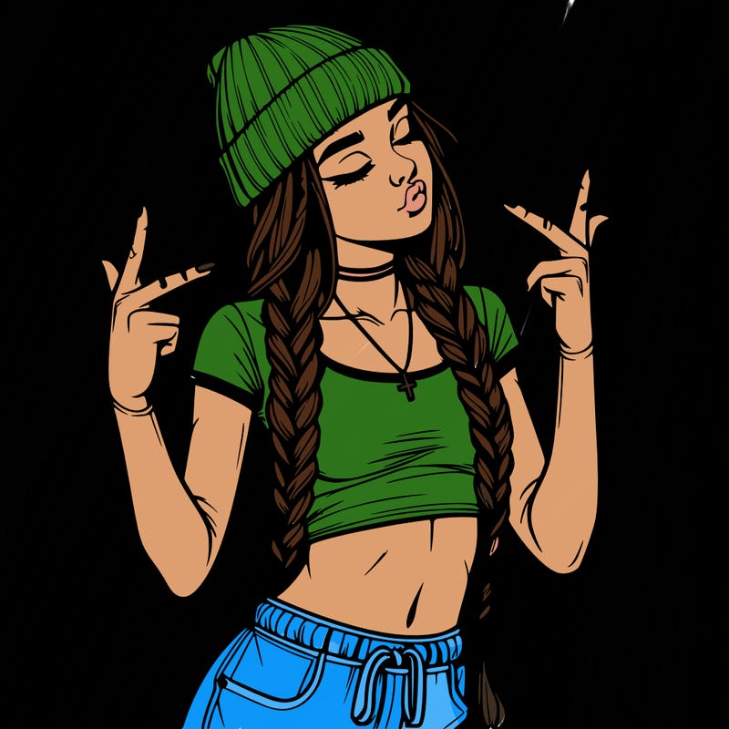realistic teenage girl with braids and a beanie and crop top doing 🫶🏼