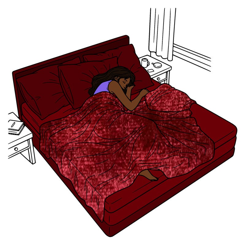 a top view of a girl asleep in bed with the messy blanket and pillows everywhere