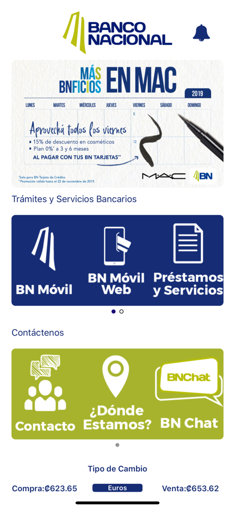 BN Más Cerca de Usted - Pantalla principal de la aplicación móvil BN Mas Cerca con información de contacto de servicios bancarios y tasas de cambio