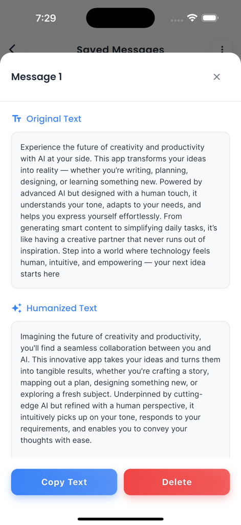 AI Humaniser: Text Bypass - Mobile app interface comparing original AI text and humanized natural text