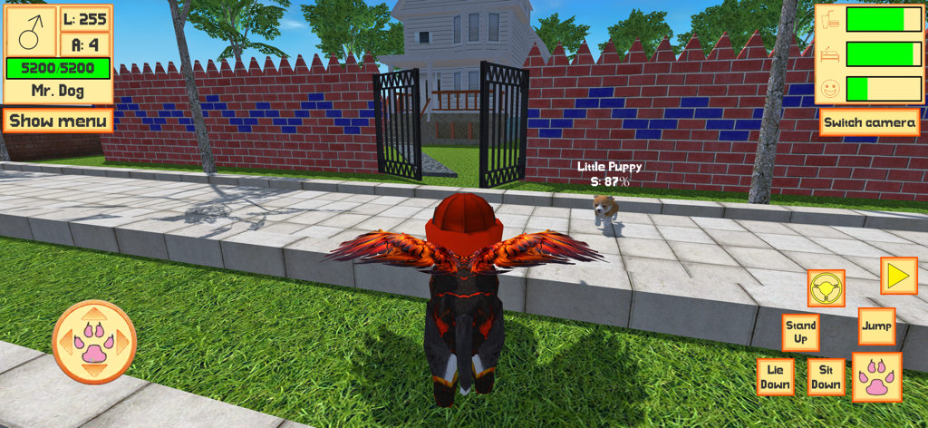 Cute Pocket Puppy 3D - Part 2 - Una escena de juego 3D de Cute Pocket Puppy 2 con un cachorro personalizado con alas de fuego explorando un vecindario suburbano.