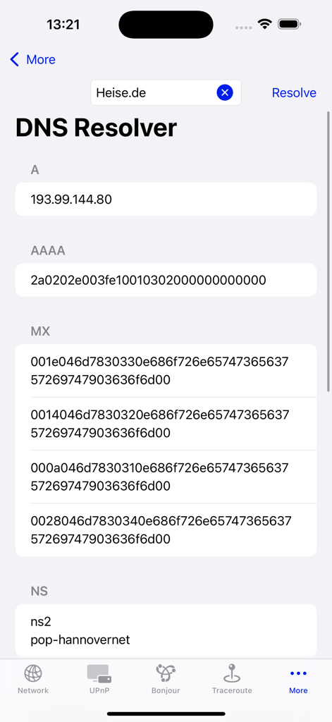 NetTools Pro App-Oberfläche mit dem DNS-Resolver-Bildschirm und Einträgen für eine Website