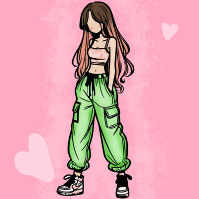 girl in baggy pants crop top and long hair