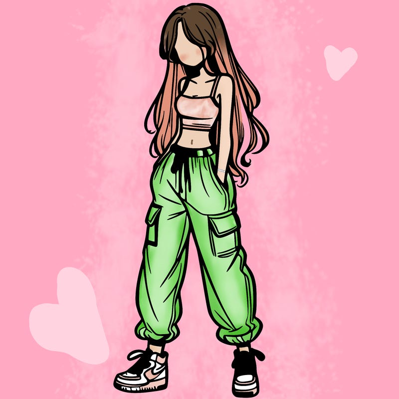 girl in baggy pants crop top and long hair