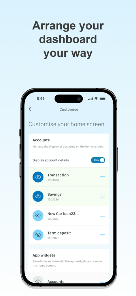 MOVE Bank App - MOVE Bank app screen for customizing the home screen dashboard and account visibility