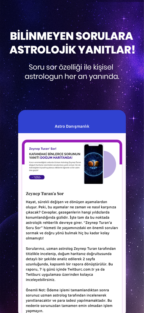 Twitburc: Astroloji & Burçlar - Astro consultancy feature in the Twitburc astrology app with a personalized question service