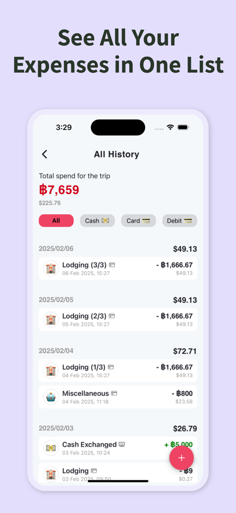 A chronological list of travel expenses in the TripWise app showing lodging and miscellaneous costs with currency conversion.