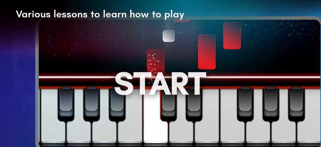Real Piano electronic keyboard - Interactive piano lesson interface with falling notes and a start button