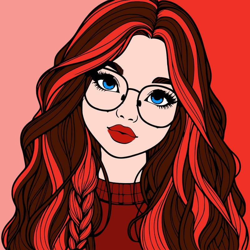 girl with long hair and freckles and glasses realistic