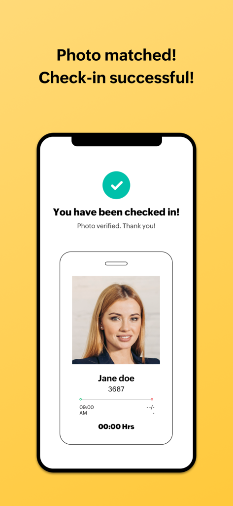 Zoho People Kiosk - Zoho People Kiosk app interface showing a successful employee check-in using facial recognition