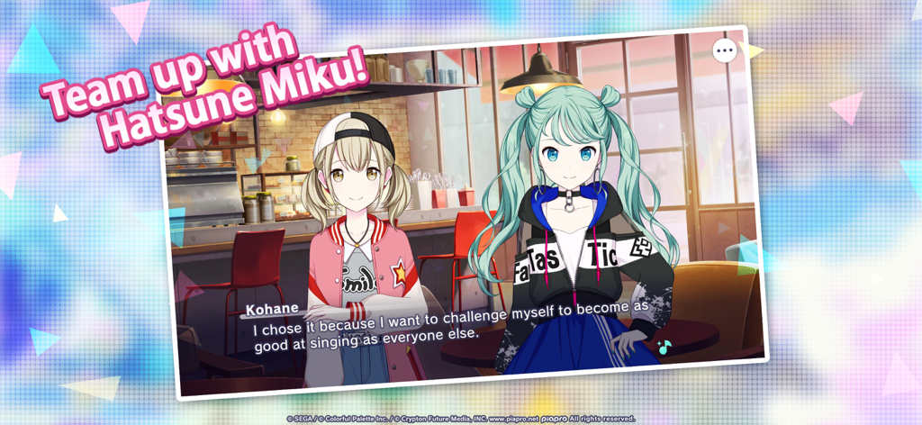 Hatsune Miku and Kohane characters talking in a cafe during a story dialogue