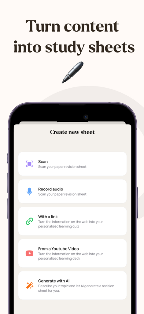 Quiztr - Revision Sheets - Schermata dell'app Quiztr che mostra opzioni per creare nuove schede di studio scansionando appunti, registrando audio o utilizzando la generazione AI.