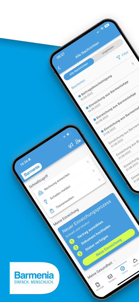 Barmenia - Screenshots of the Barmenia insurance app showing the home dashboard and message inbox for managing claims and documents.