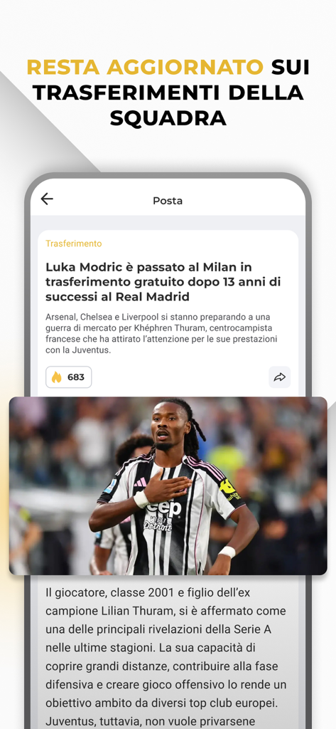 Una pantalla de smartphone que muestra noticias de fichajes de la Juventus y detalles de jugadores en la aplicación Bianconeri Live