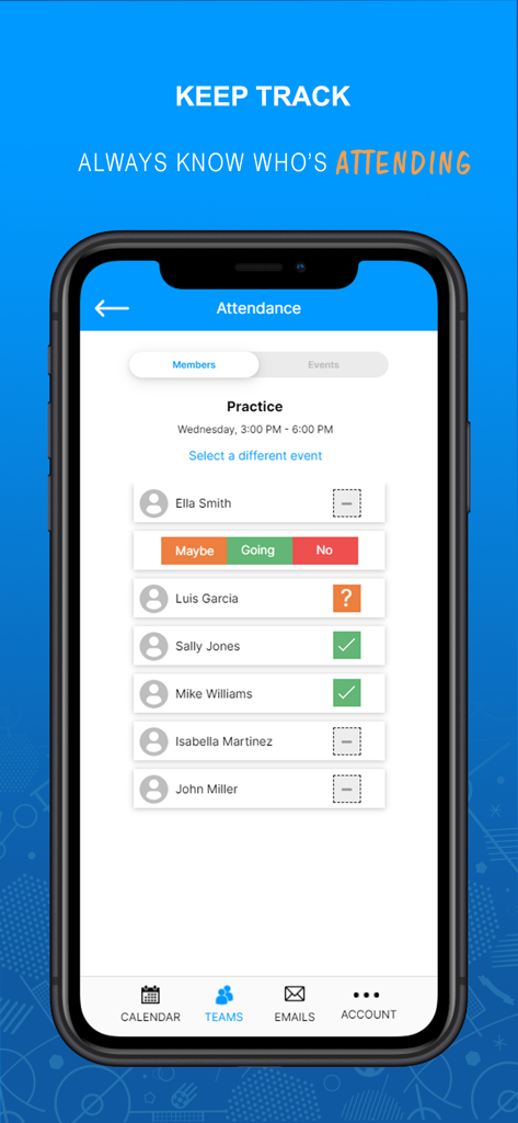 Mobiler Bildschirm der TeamSideline App, der die Spieleranwesenheit für ein Sporttraining zeigt