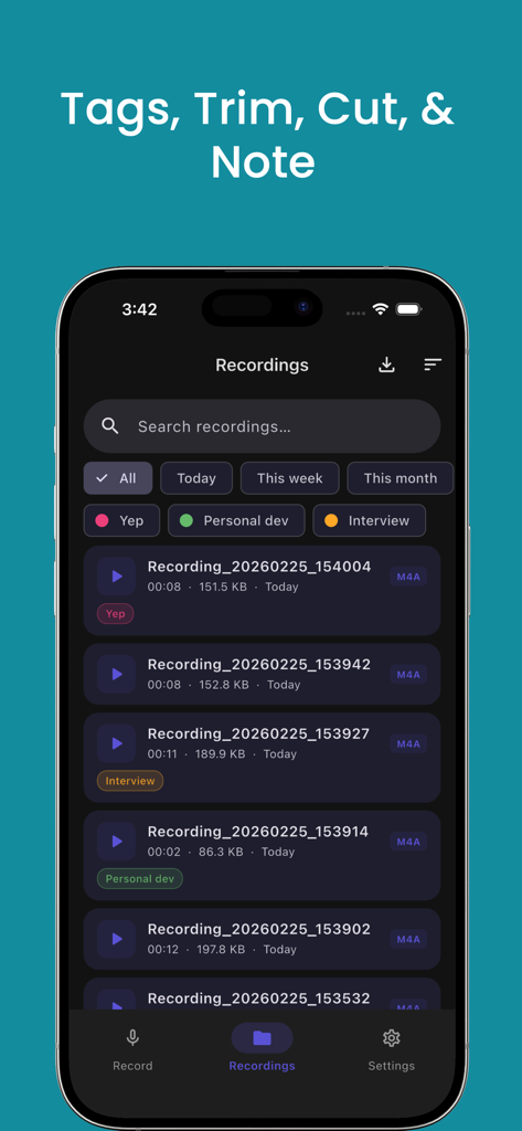 EchoNote app recordings screen showing categorized audio files and search filters.