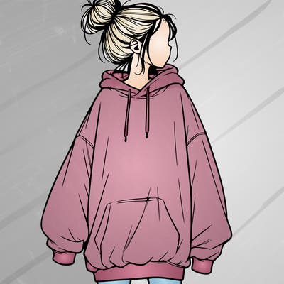 realistic girl with a oversized sweatshirt on and a bun