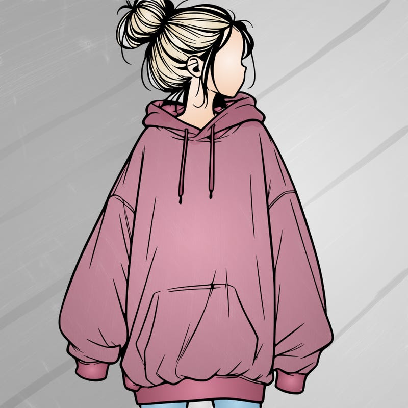 realistic girl with a oversized sweatshirt on and a bun