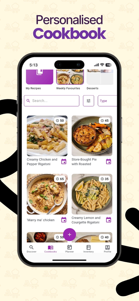 Savvy Chef - Savvy Chef app interface showing the personalized cookbook section with various food recipes and preparation times