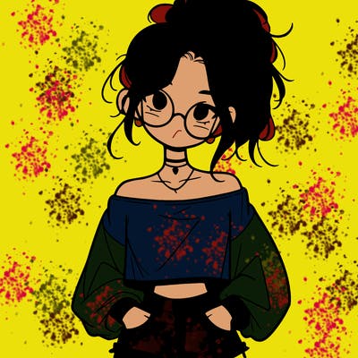 girl with a messy ponytail glasses a baggy crop top and jean shorts