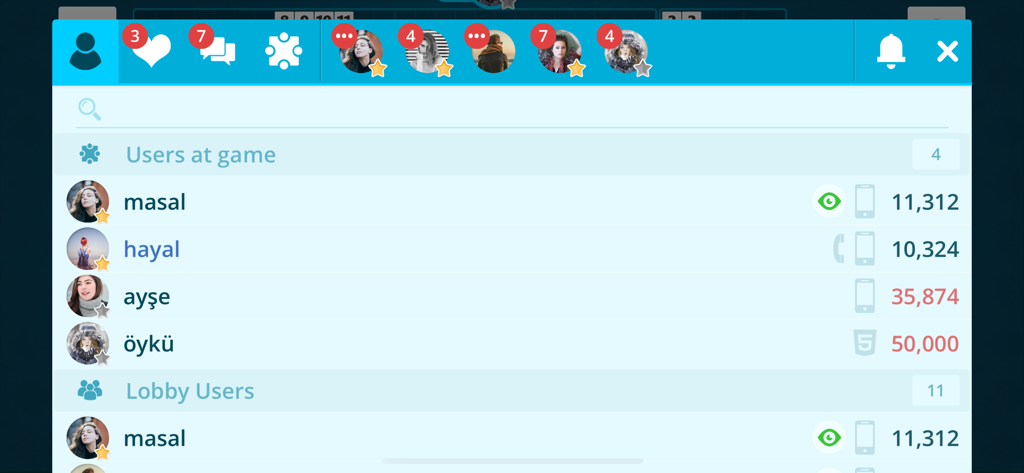 101 Yuzbir Okey in-game social lobby with user list and profile icons