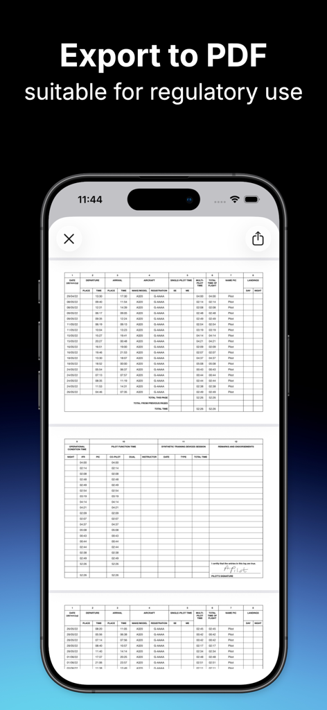 Pilot Logbook - Pilot Logbook app PDF export feature displaying professional flight data tables for regulatory use