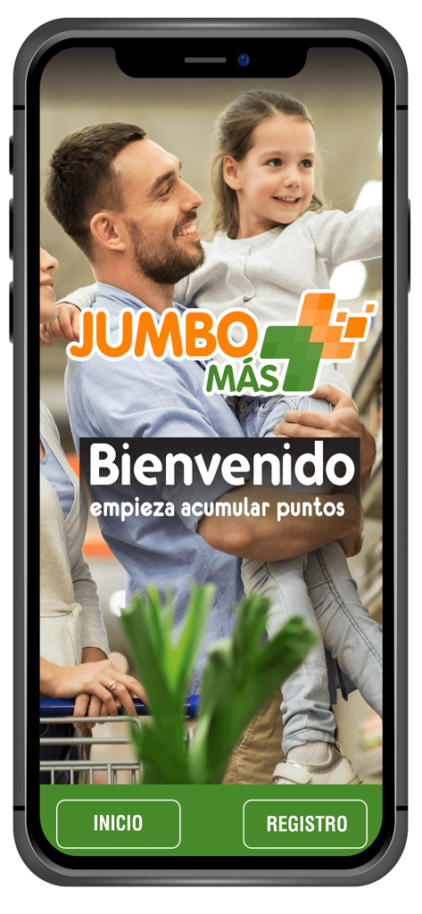 Welcome screen for the Jumbo Plus loyalty app featuring a happy father and child in a supermarket setting