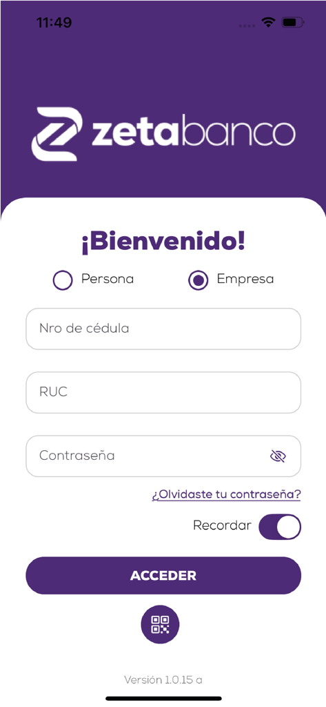 Zeta - 신분증 번호, RUC, 비밀번호 필드와 개인 및 기업 옵션이 있는 Zeta Banco 모바일 앱 로그인 화면.