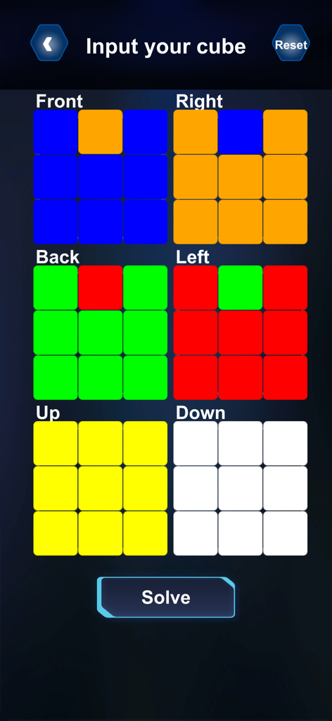 Cube Solver: Scan, Learn, Play - Manual color input screen for six sides of a cube puzzle