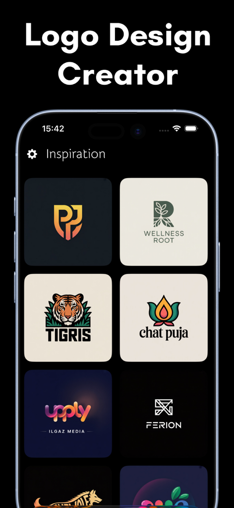 AI Logo Design - Brand Maker - Schermata di un'app mobile che mostra vari template di design di logo professionali per il branding aziendale