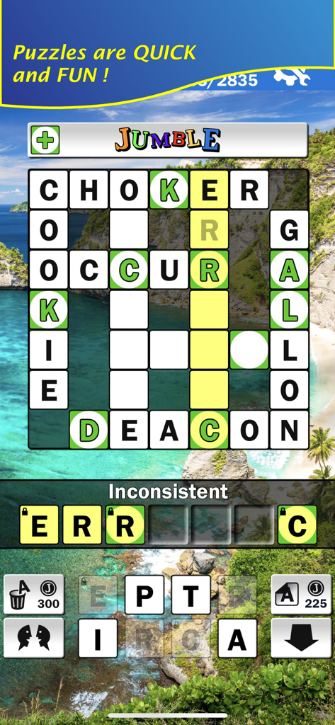 Giant Jumble Crosswords - Giant Jumble Crosswords puzzle game interface with a beach background