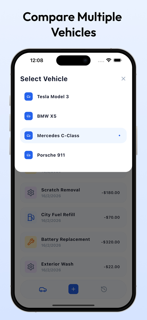 Vehicle Expense Tracker - Screenshot of the Vehicle Expense Tracker app showing a list of different cars to select and compare expenses