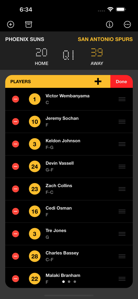 Basketball player roster and scorekeeping screen in the InfiniteHoops Stats app