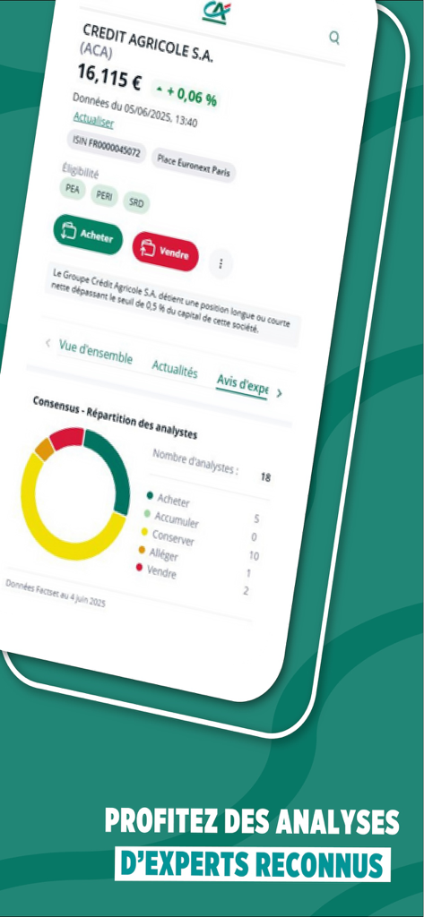 CA Bourse - CA Bourse App-Oberfläche, die Analystenkonsens und Experten-Aktienmarktberatung zeigt