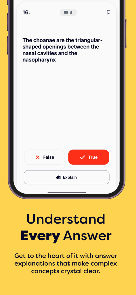 Studi - Learning Companion - Studiアプリのインターフェース。True/Falseクイズの問題と、AI解説ボタンが表示されています。