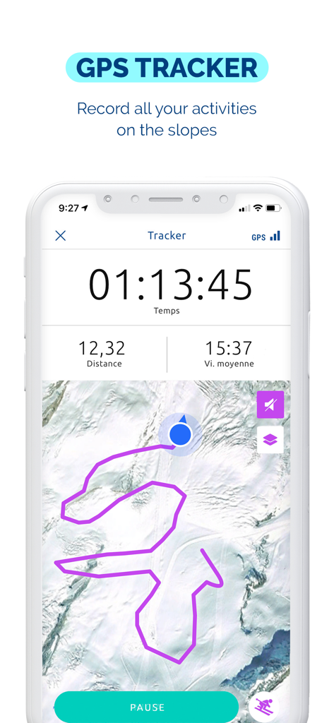 NPY app GPS tracker interface showing time distance and route on a snowy mountain map