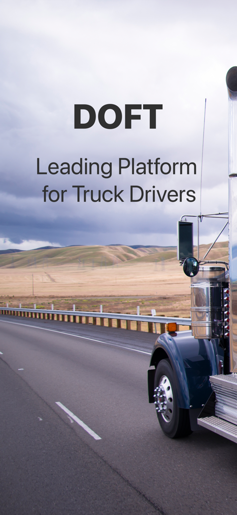 Doft Load Board, Truck Loads - Doft app splash screen featuring a semi-truck on a highway with the text Leading Platform for Truck Drivers