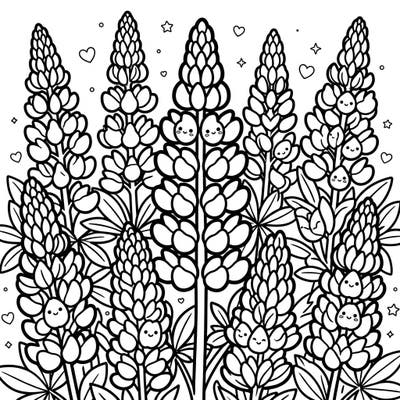 Discover the charm of these delightful kawaii lupine flowers, ready for you to bring them to life with vibrant colors. Each tall, spiky blossom features an adorable face, making this a truly sweet and engaging coloring experience.