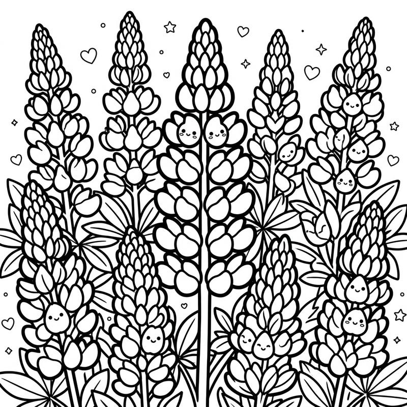 Discover the charm of these delightful kawaii lupine flowers, ready for you to bring them to life with vibrant colors. Each tall, spiky blossom features an adorable face, making this a truly sweet and engaging coloring experience.