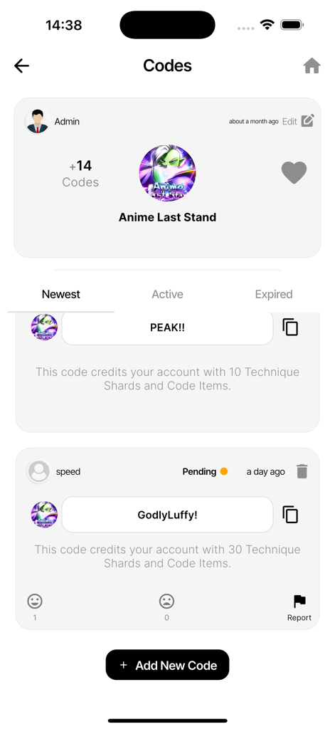 Rbx Codes For RBLX - Una interfaz móvil que muestra códigos de juego canjeables y recompensas para Anime Last Stand.