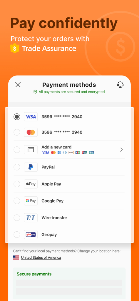Alibaba app payment methods screen showing secure options like credit cards PayPal and Apple Pay under Trade Assurance protection